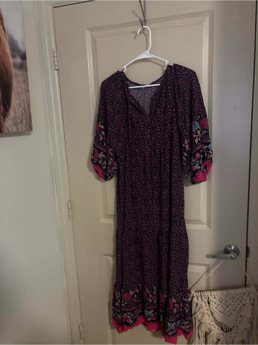 Bohemian Floral Midi Dress in Black and Pink